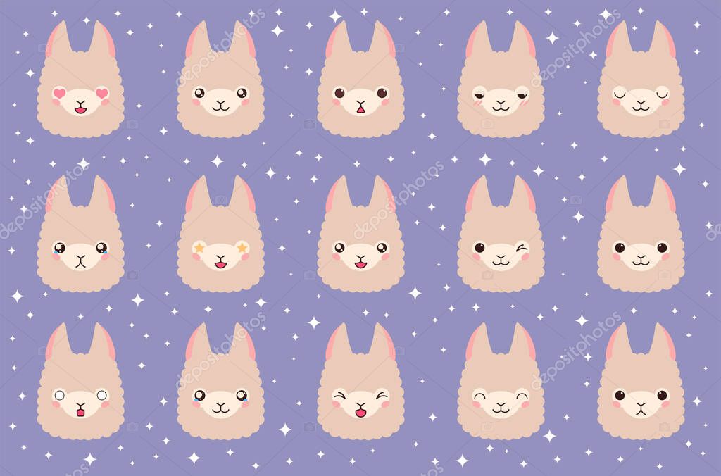 Colorful vector set of small cute lama emoticons. Collection isolated funny muzzle lama with different emotion in cartoon style.