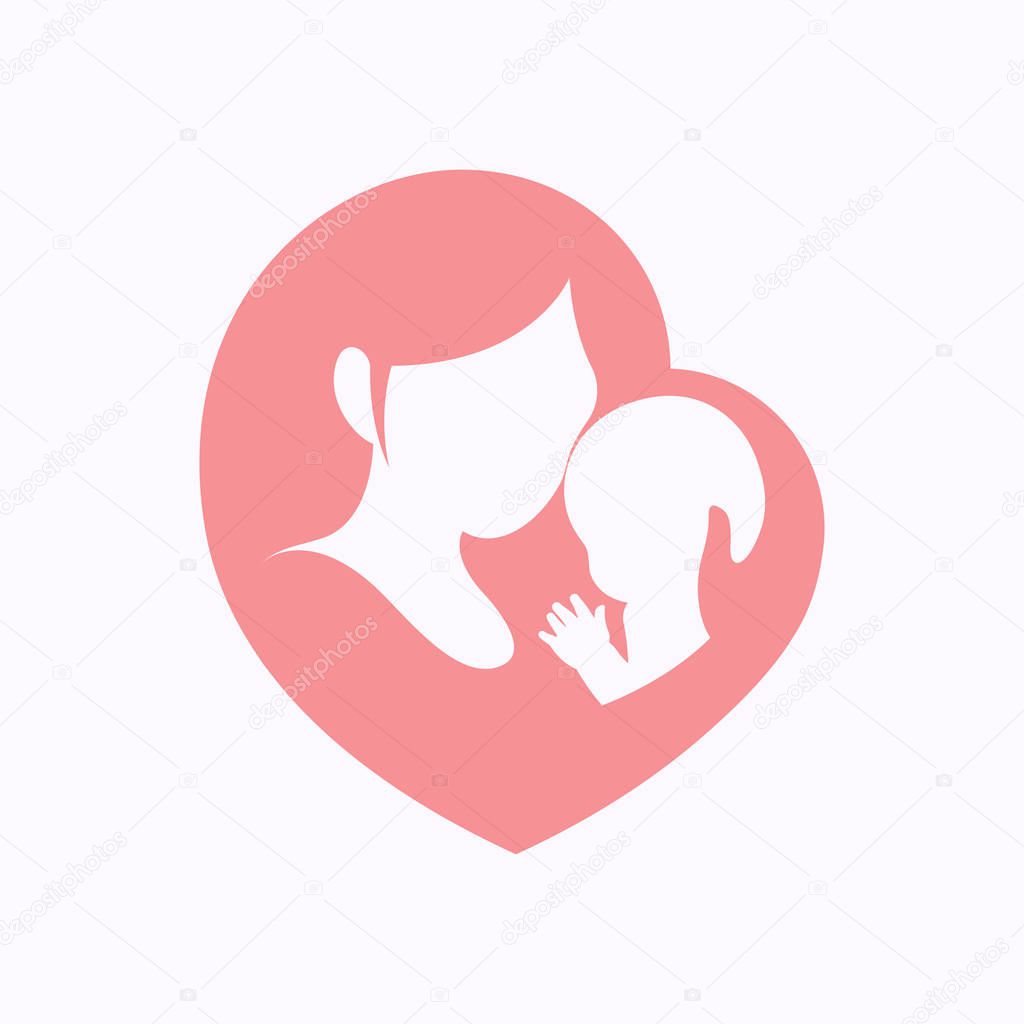 Mother holding a little baby with her arm in pink heart shaped silhouette