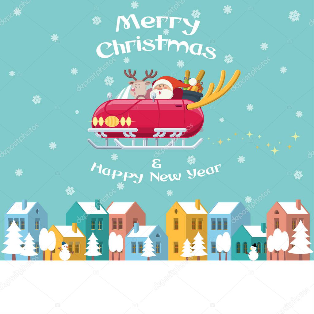 Santa flying sleigh car over winter town