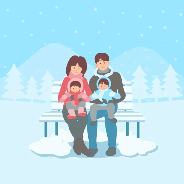 Ευτυχισμένη οικογένεια στον πάγκο στο χειμερινό τοπίο — Διανυσματικό Αρχείο