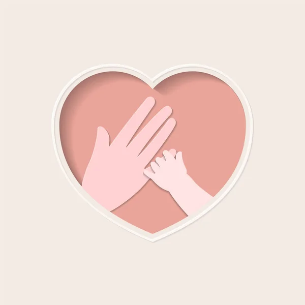 Hand of baby holding mother finger in heart shaped paper art — Stock Vector