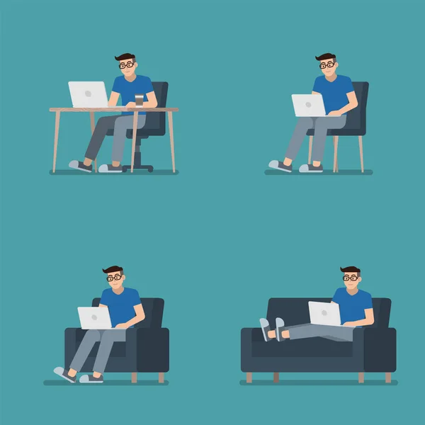Άνθρωπος κάθεται με το σύνολο laptop — Διανυσματικό Αρχείο