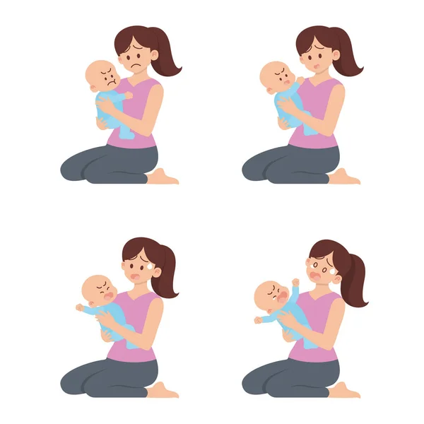 Conjunto Madre Joven Sentada Sosteniendo Bebé Enojado Con Diferentes Acciones — Vector de stock