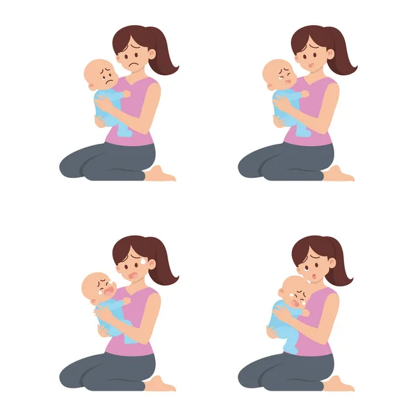 Set Young Mother Sitting Holding Sad Baby Different Actions Being — Stock Vector