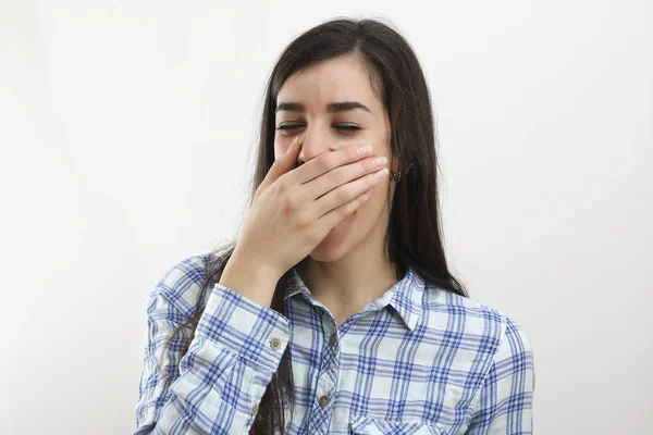 Portrait of tired woman who yawns — Stock Photo, Image