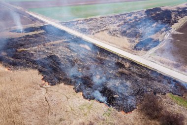 Arazi ateşinin havadan görünüşü. Kuru kamış yanıkları, doğal afet..