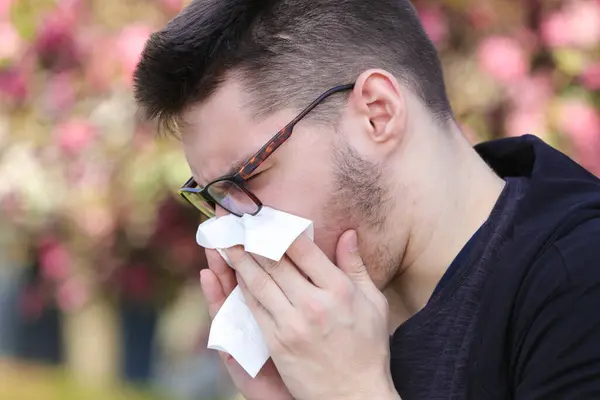 Spring Pollen Allergy Boy Blowing Nose Handkerchie — Stock Photo, Image