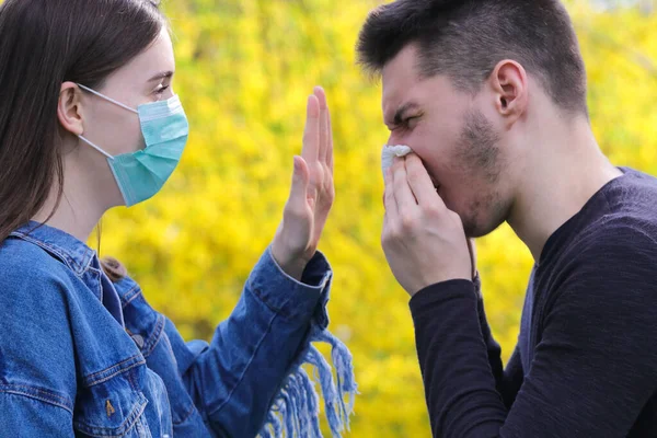 Stop Covid Pandemic Girl Protective Mask Sneezing Boy Park — Stock Photo, Image