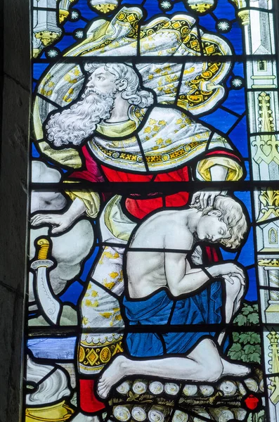 Victorian Stained Glass Window Showing Abraham Dropping Knife Command Angel — Stock Photo, Image