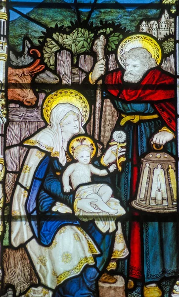 Victorian Stained Glass Window Showing Holy Family Mary Joseph Baby — Stock Photo, Image