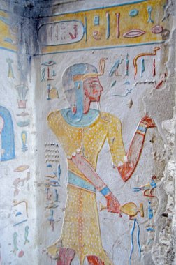 Prens Titi 'nin mezarının duvarında üzerinde leopar derisi olan eski bir Mısır tablosu. Mısır 'ın Luxor kentindeki Nil' in Batı Şeria 'sındaki Queens Vadisi' ndeki Antik Mısır mezarı. Binlerce yıl önce..