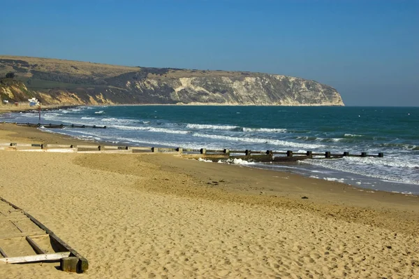 Písečná Pláž Letovisku Swanage Dorset — Stock fotografie