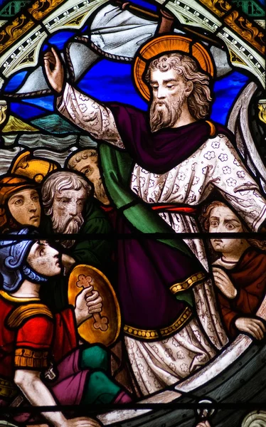 Victorian Stained Glass Window Depicting Jesus Christ His Disciples Boat — Stock Photo, Image