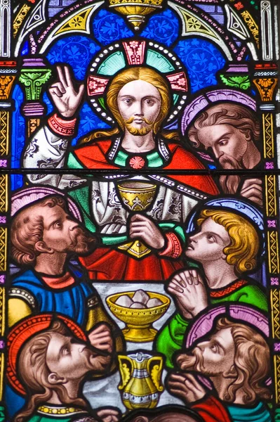 Victorian Stained Glass Window Depicting Last Supper Holy Eucharist Jesus — Stock Photo, Image