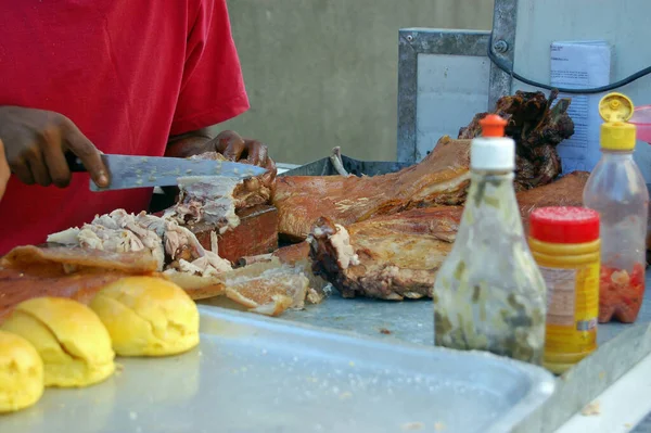 Vendor Making One Cuba Favourite Street Foods Pork Rolls Havana — Stock Photo, Image