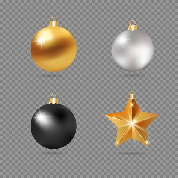 Ρεαλιστική 3d Μαύρο, Ασήμι και Χρυσό Χριστούγεννα μπάλα Fir παιχνίδια αστέρι — Διανυσματικό Αρχείο