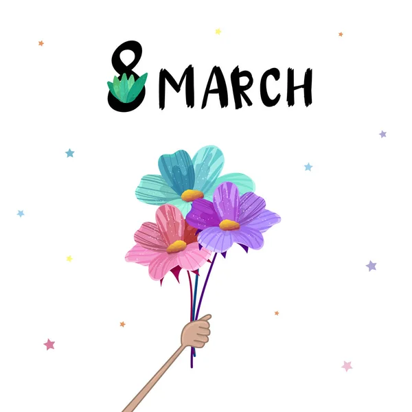 Bandeira do Dia Internacional da Mulher com letras. Folheto para 8 de março com a decoração de flores . — Vetor de Stock