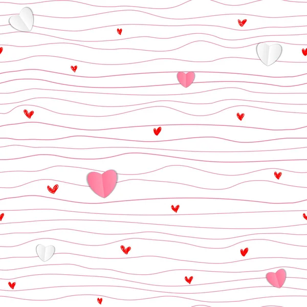 Wzór na Walentynki prosta linia bezszwowa konstrukcja z papierowymi sercami — Wektor stockowy
