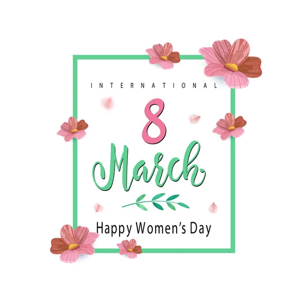 Bannière de la Journée internationale des femmes avec lettrage. Flyer pour le 8 mars avec le décor de fleurs . — Image vectorielle