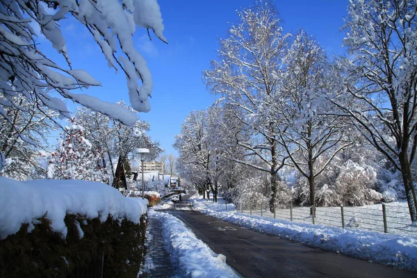 Piękna Przyroda Śnieg Zimny Dom Wieś Droga Poza Krajobrazem Zima — Zdjęcie stockowe