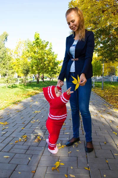 Retrato de mãe e filho. Mãe segura bebê folha amarela — Fotografia de Stock