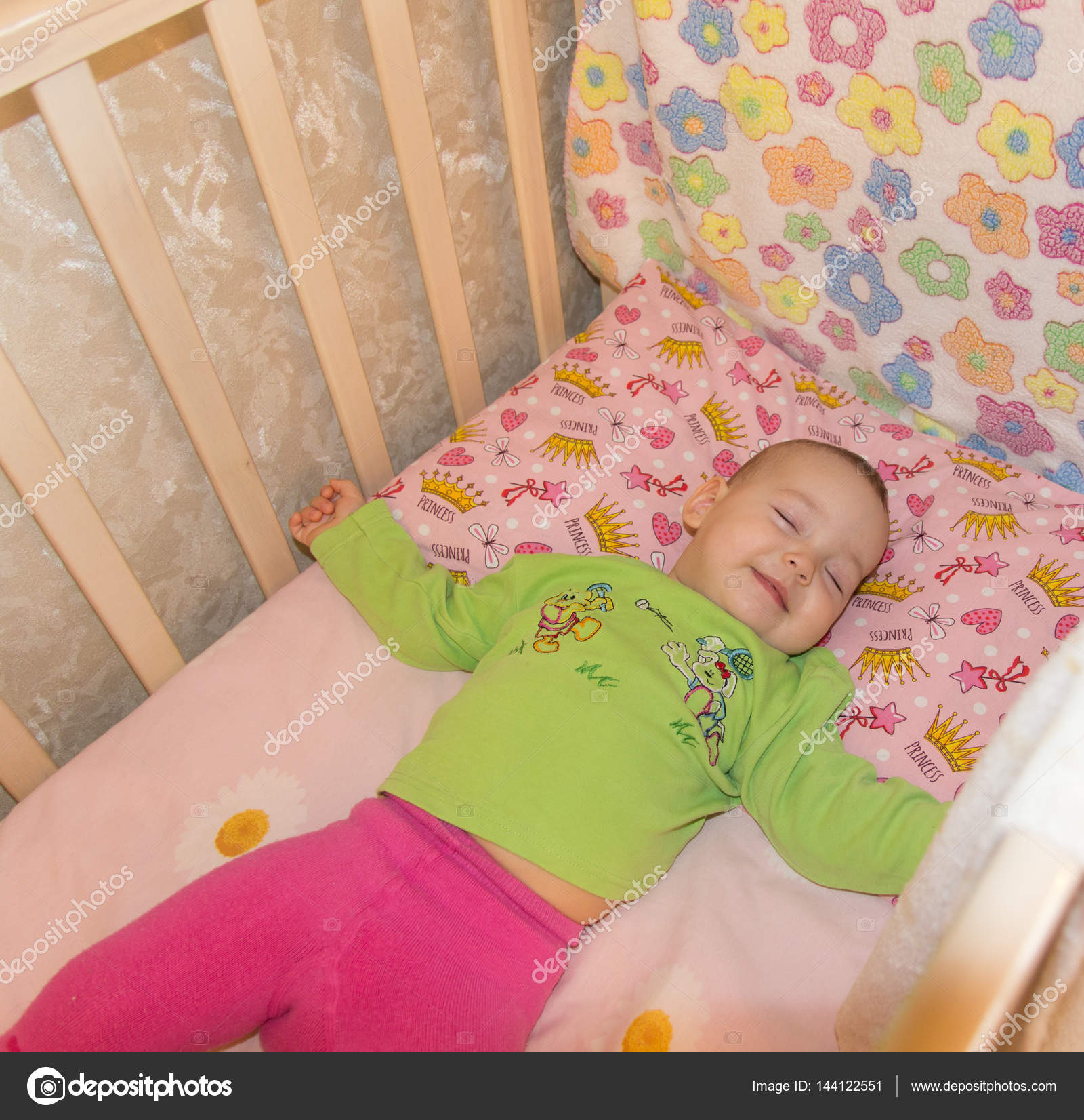 Very Nice Sweet Baby Sleeping In Crib He Is Smiling In His Slee