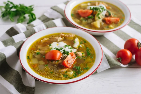 Two Plates Chicken Soup Vegetables Lentils Sour Cream Large Slices — Stock Photo, Image