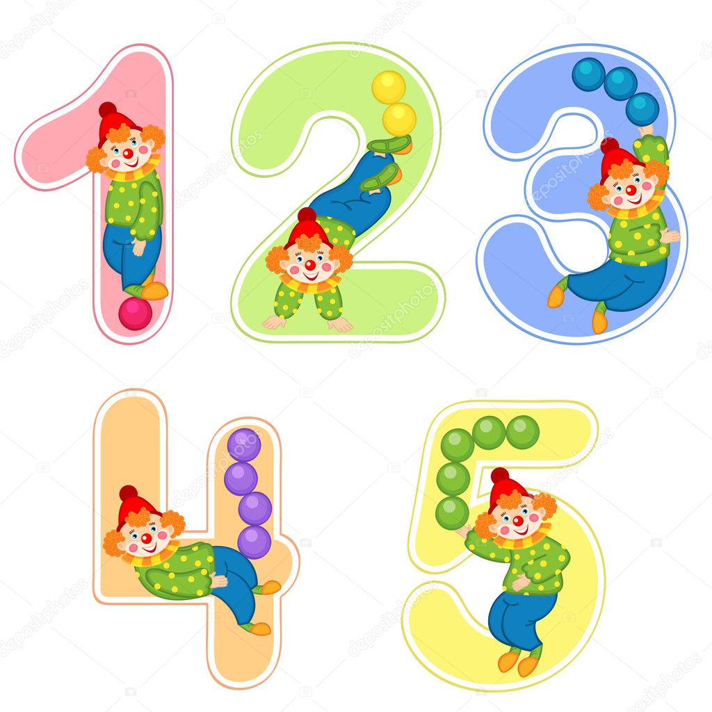 set of numbers with clown juggler from 1 to 5 