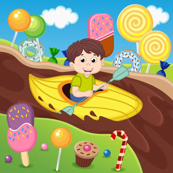 Niño en una canoa flotando en un río de chocolate — Vector de stock