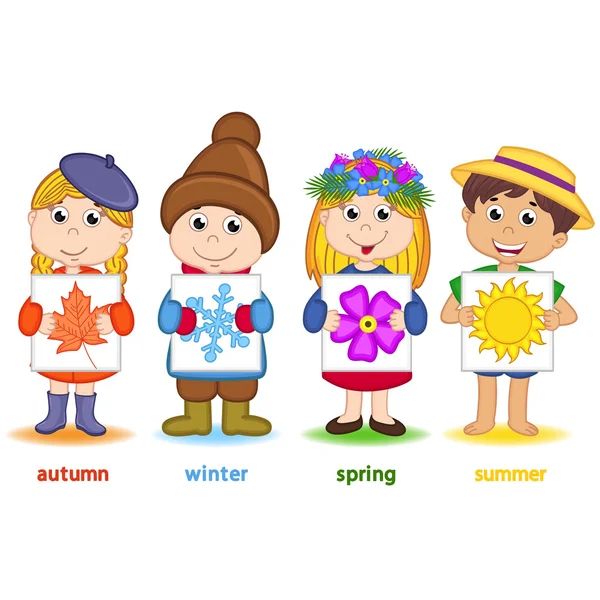 Enfants tenant une feuille de papier avec des icônes de saisons — Image vectorielle