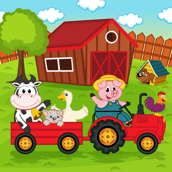 Farm animals ride on the tractor in the yard — Stock Vector