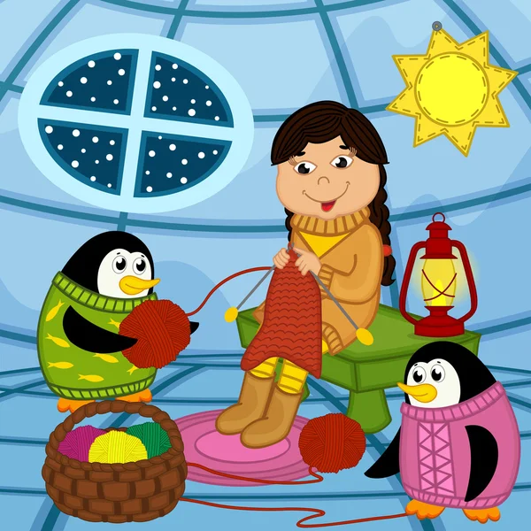 Eszkimó girl kötögetni pulóver-pingvin — Stock Vector