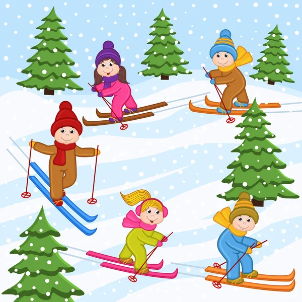Niños esquiando en montaña de nieve — Vector de stock