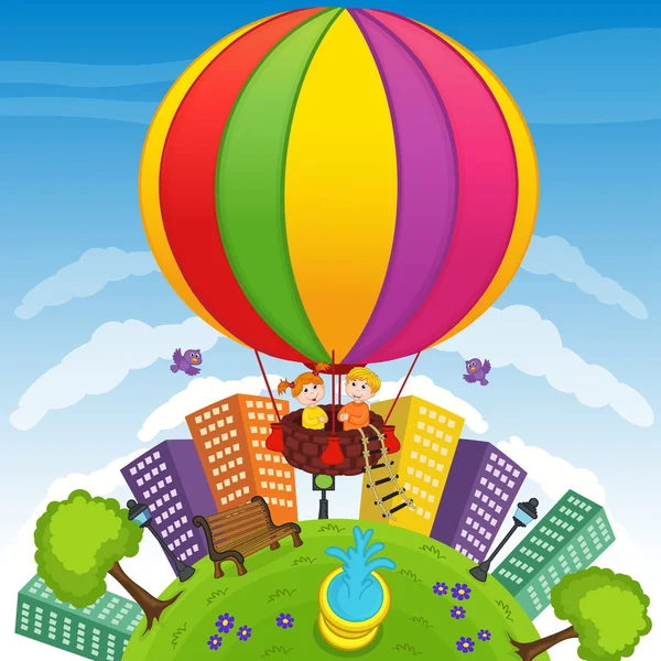 Boy and girl on hot air balloon — Stock Vector