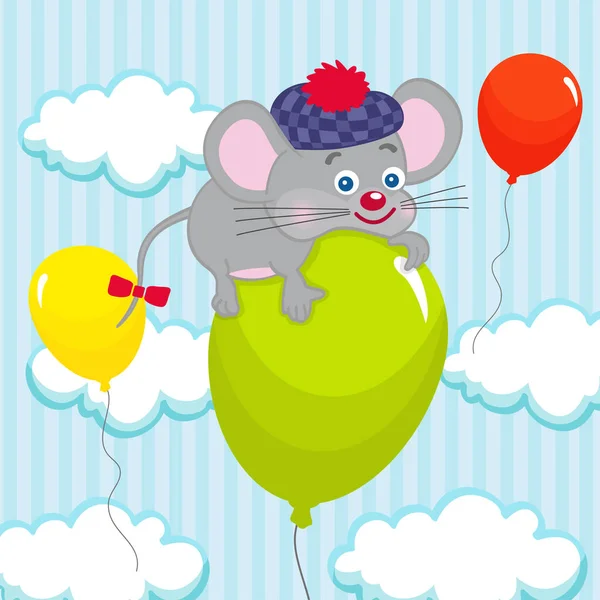 Flys myš na tři barevné balónky — Stockový vektor