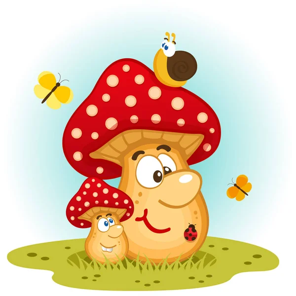 Funny insects and mushrooms in a clearing — Stock Vector