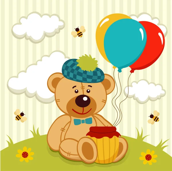 Teddy bear  with a pot of honey — Stock Vector