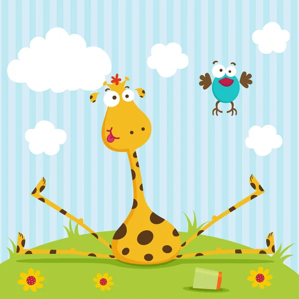 Giraffa seduta sul prato vicino agli uccelli volanti — Vettoriale Stock