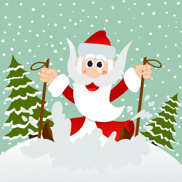 Papai Noel corre para esquis através da floresta —  Vetores de Stock
