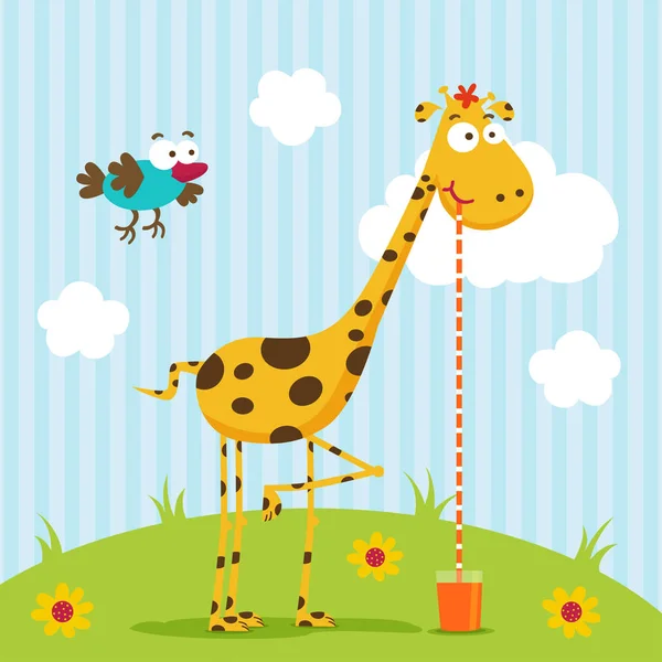 Girafe buvant du jus dans une paille près d'un oiseau volant — Image vectorielle