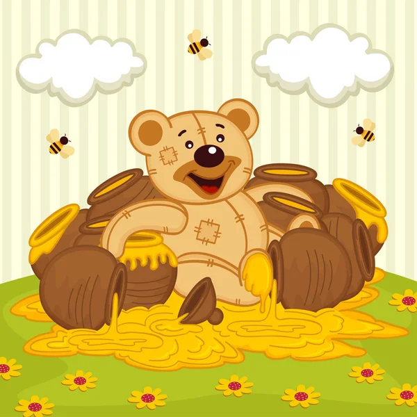 Teddy bear among   pot of honey on meadow — Stock Vector