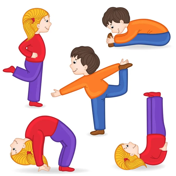 Conjunto de niños aislados haciendo ejercicios de yoga — Archivo Imágenes Vectoriales