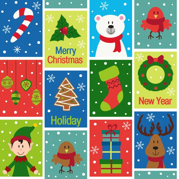 Patrón sin costuras con personajes de Navidad y decoraciones — Archivo Imágenes Vectoriales