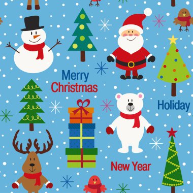 Dikişsiz desen Noel ağaçları ve karakterler ile mavi