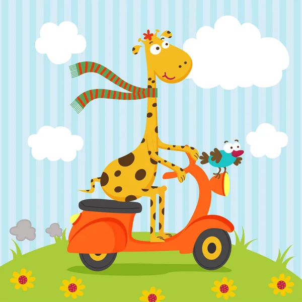 Girafe oiseau équitation sur scooter — Image vectorielle