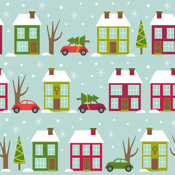 seamless pattern with houses and cars in winter time 