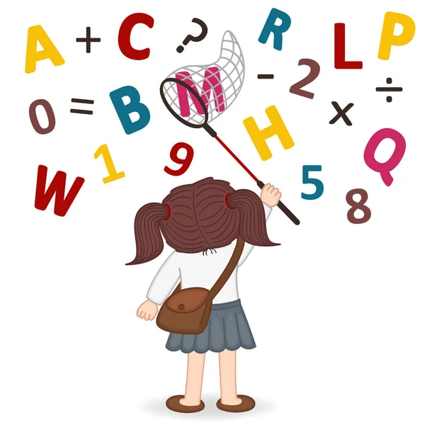 Κορίτσι πιάνει ένα δίχτυ από γράμματα και αριθμούς — Διανυσματικό Αρχείο