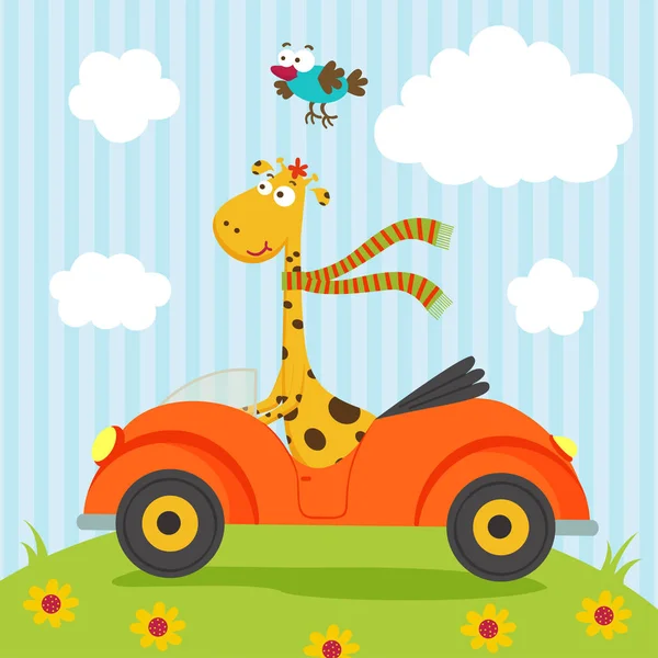 Girafe et oiseau aller en voiture — Image vectorielle