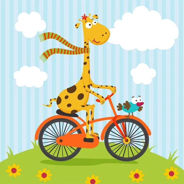 Girafe et oiseau à vélo — Image vectorielle