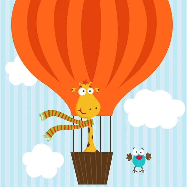 Giraffe en vogel op hete luchtballon — Stockvector